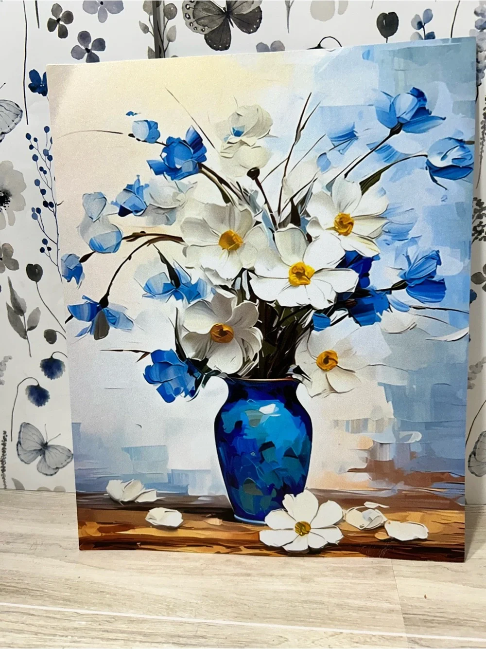 Blue White Floral Prints Set of 5 8x10 Flower Butterfly Wall Art